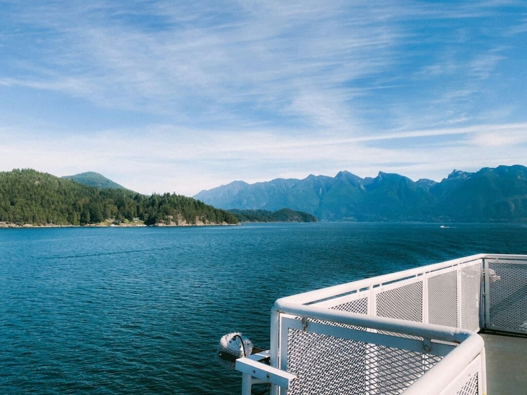view of the water and islands in the distance from the deck of BC Ferries