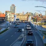 traffic crossing the johnson street bridge in downtown victoria bc