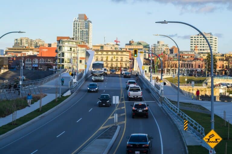 traffic crossing the johnson street bridge in downtown victoria bc